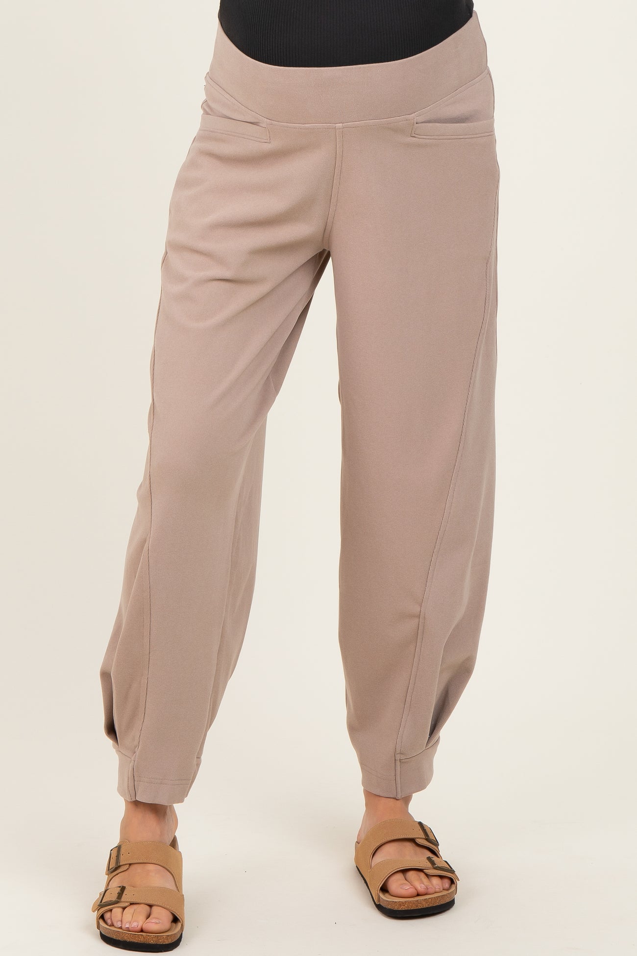 Light Taupe Brushed Knit Barrel Leg Maternity Joggers