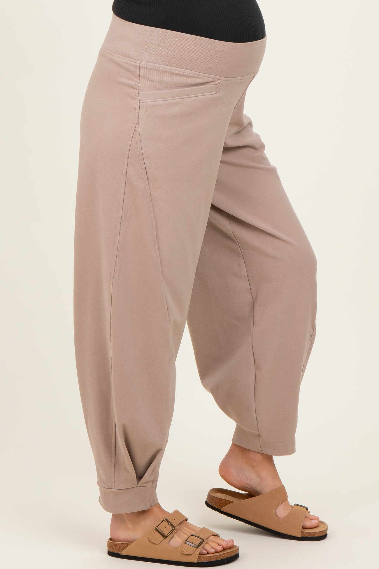 Light Taupe Brushed Knit Barrel Leg Maternity Joggers