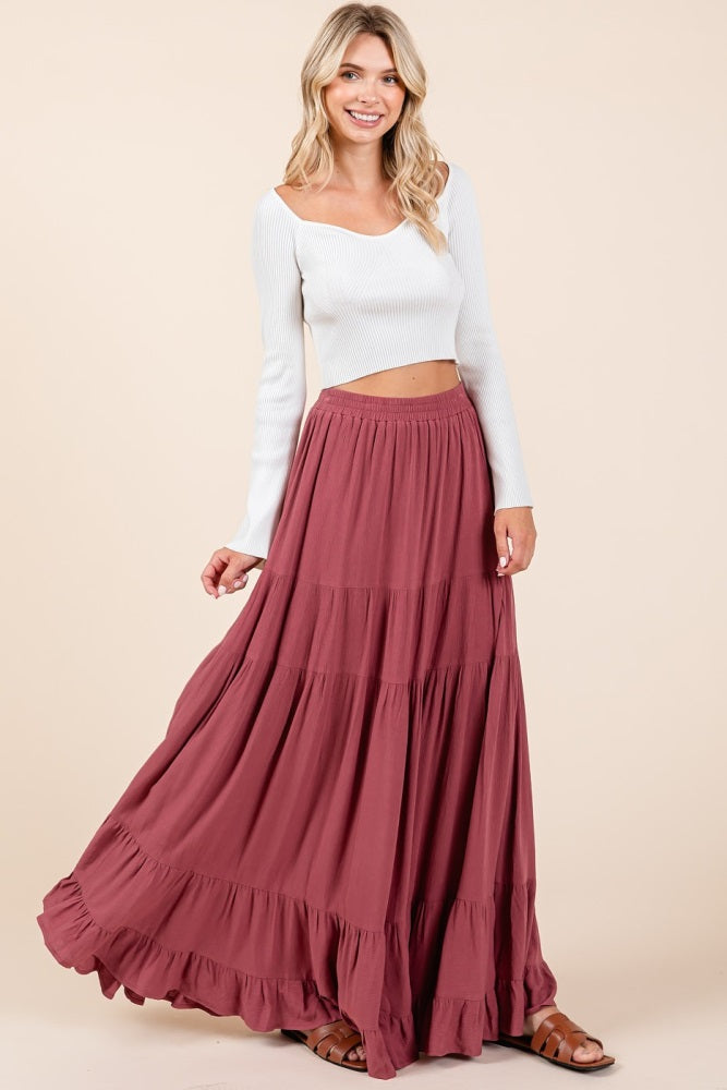 Mauve Tiered Ruffle Hem Maternity Maxi Skirt
