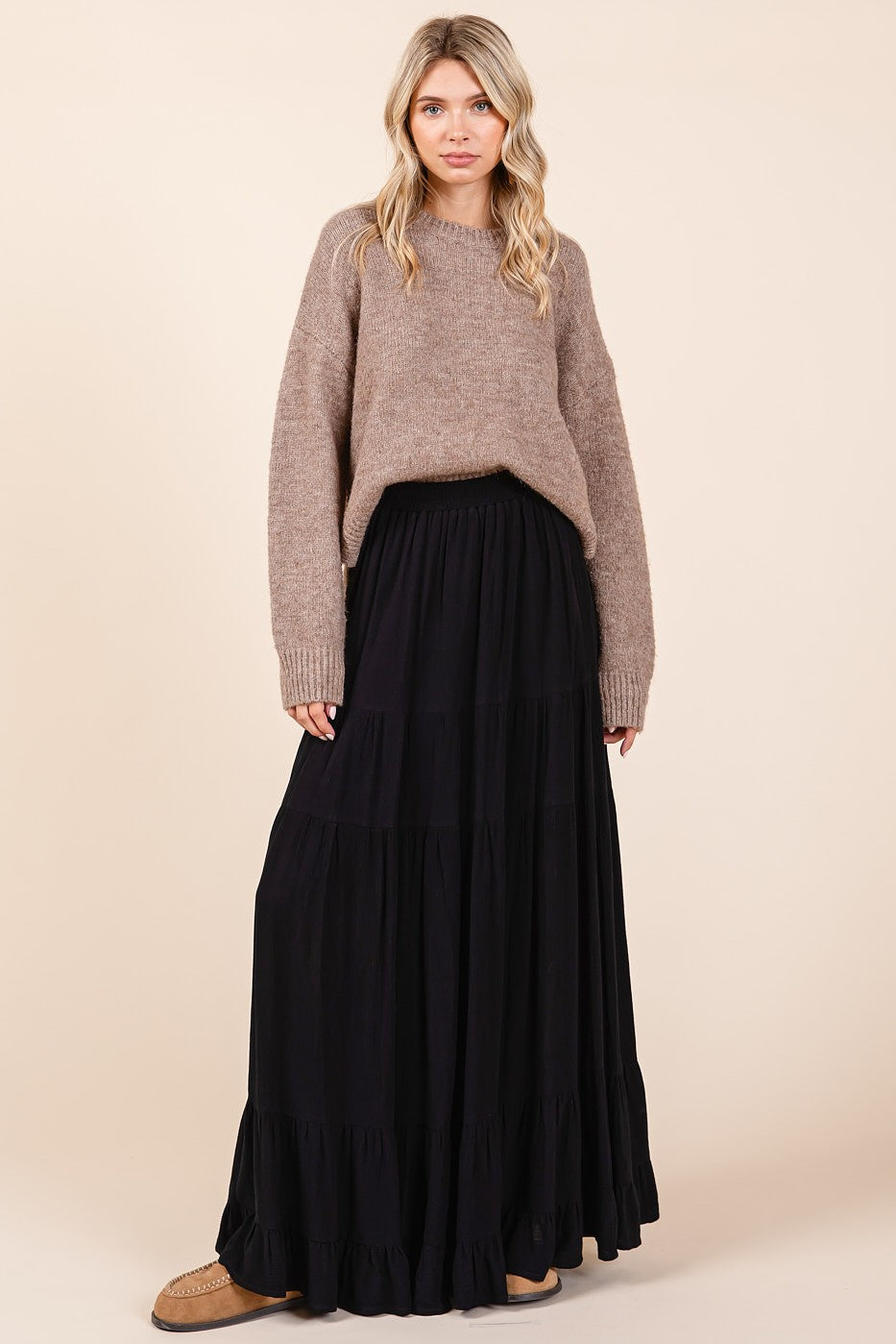 Black Tiered Ruffle Hem Maxi Skirt