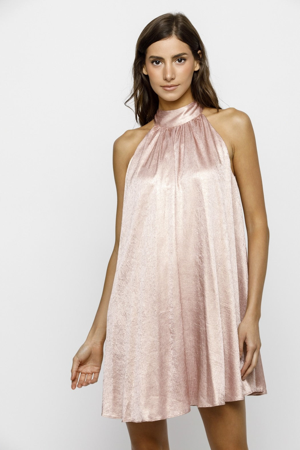 Light Pink Textured Satin Bow Tie Mini Dress