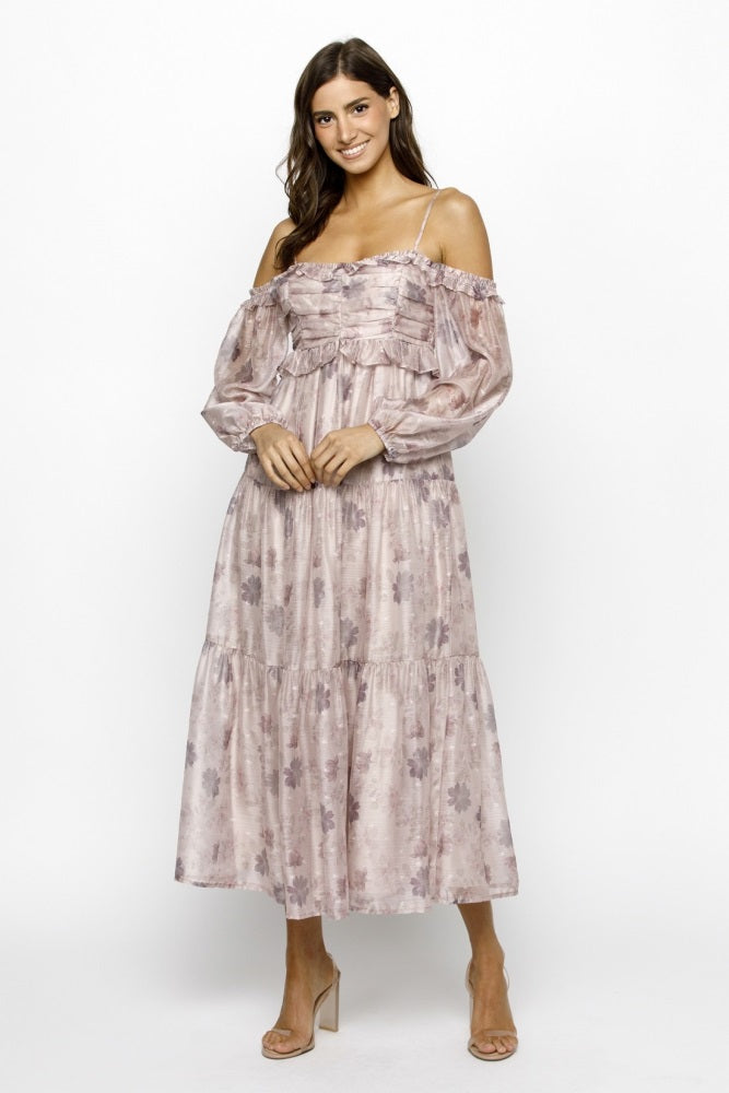 Light Pink Floral Off Shoulder Long Sleeve Tiered Maternity Maxi Dress
