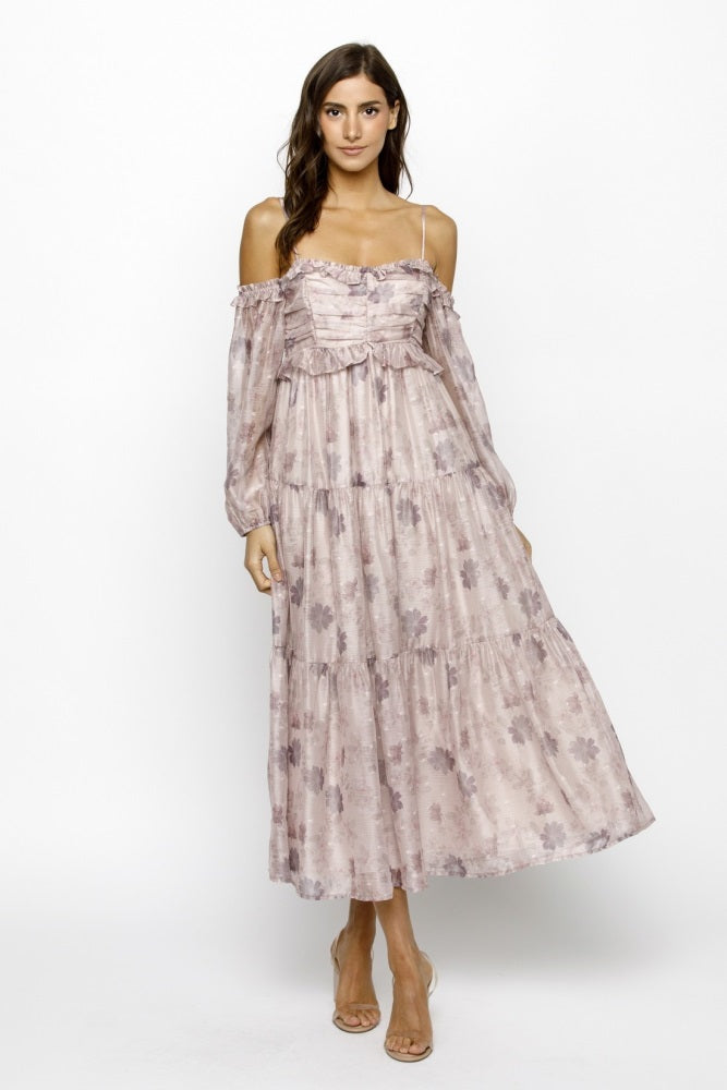 Light Pink Floral Off Shoulder Long Sleeve Tiered Maxi Dress