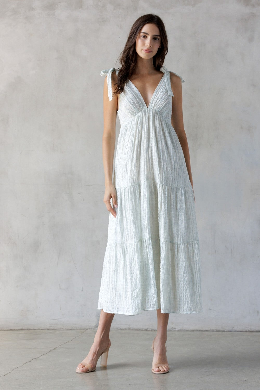 Light Blue V-Neck Shoulder Tie Midi Dress