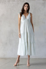 Light Blue V-Neck Shoulder Tie Midi Dress
