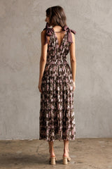 Brown Floral V-Neck Shoulder Tie Midi Dress