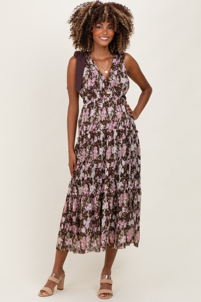 Brown Floral V-Neck Shoulder Tie Maternity Midi Dress
