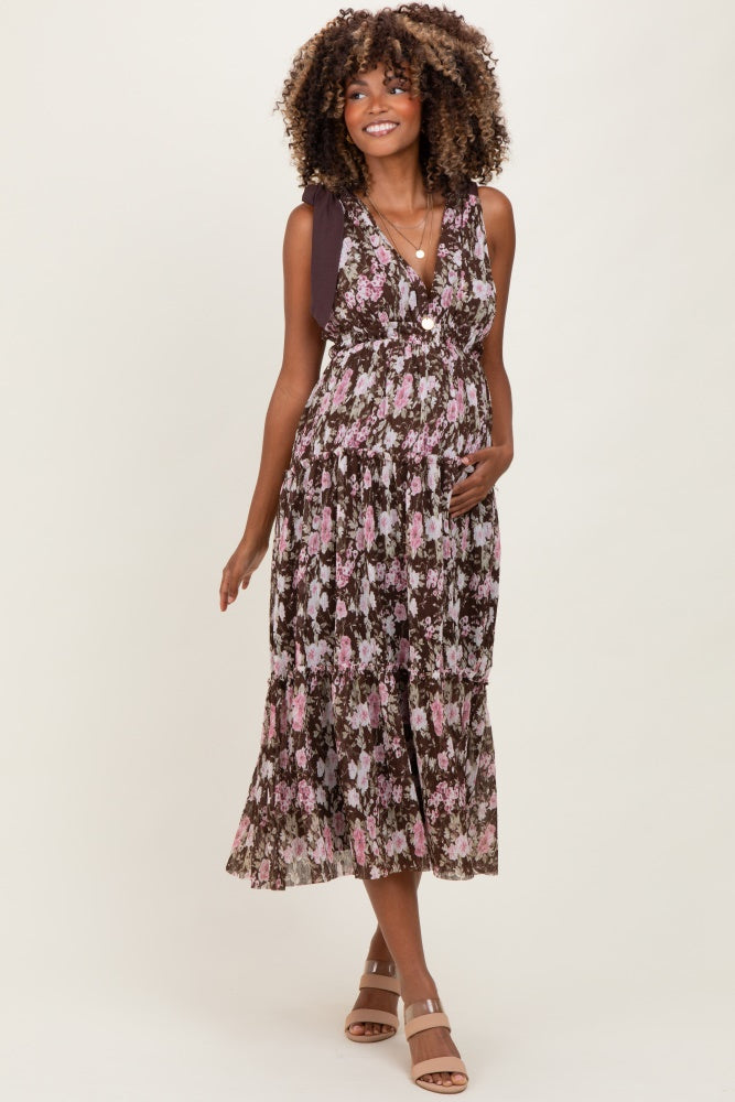 Brown Floral V-Neck Shoulder Tie Maternity Midi Dress
