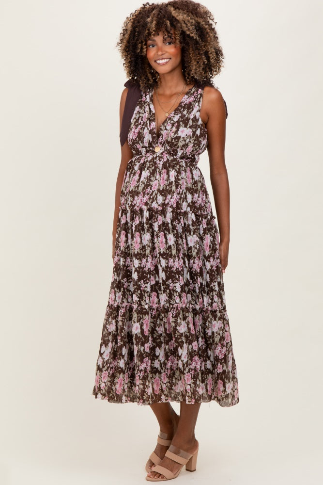Brown Floral V-Neck Shoulder Tie Maternity Midi Dress