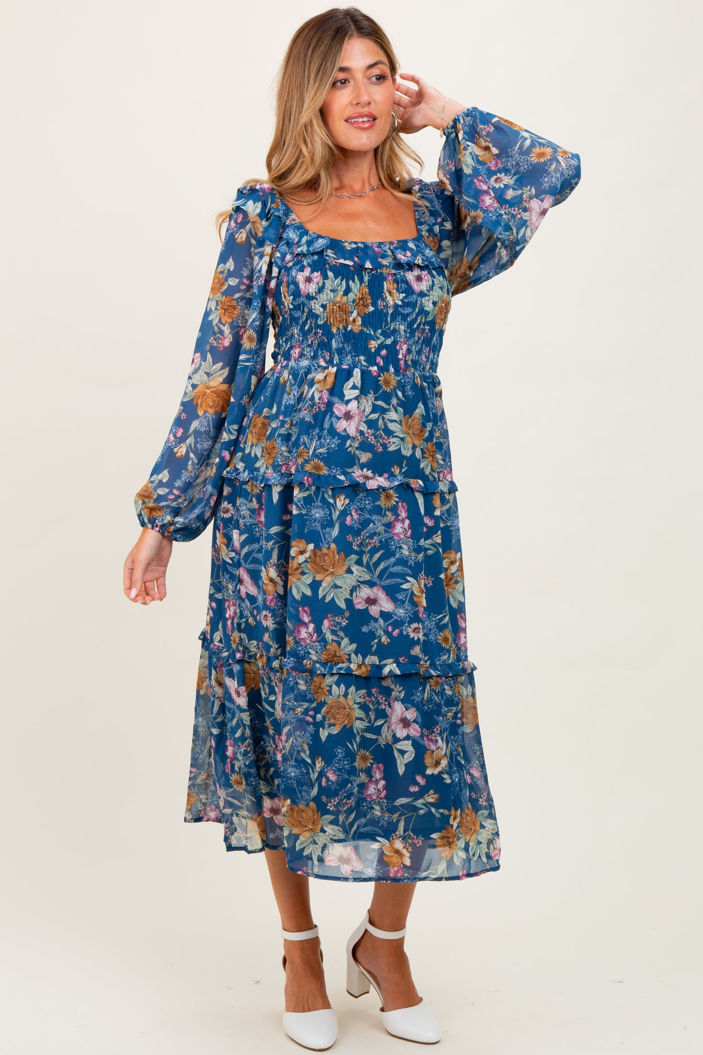Navy Floral Chiffon Smocked Ruffle Tiered Maternity Midi Dress