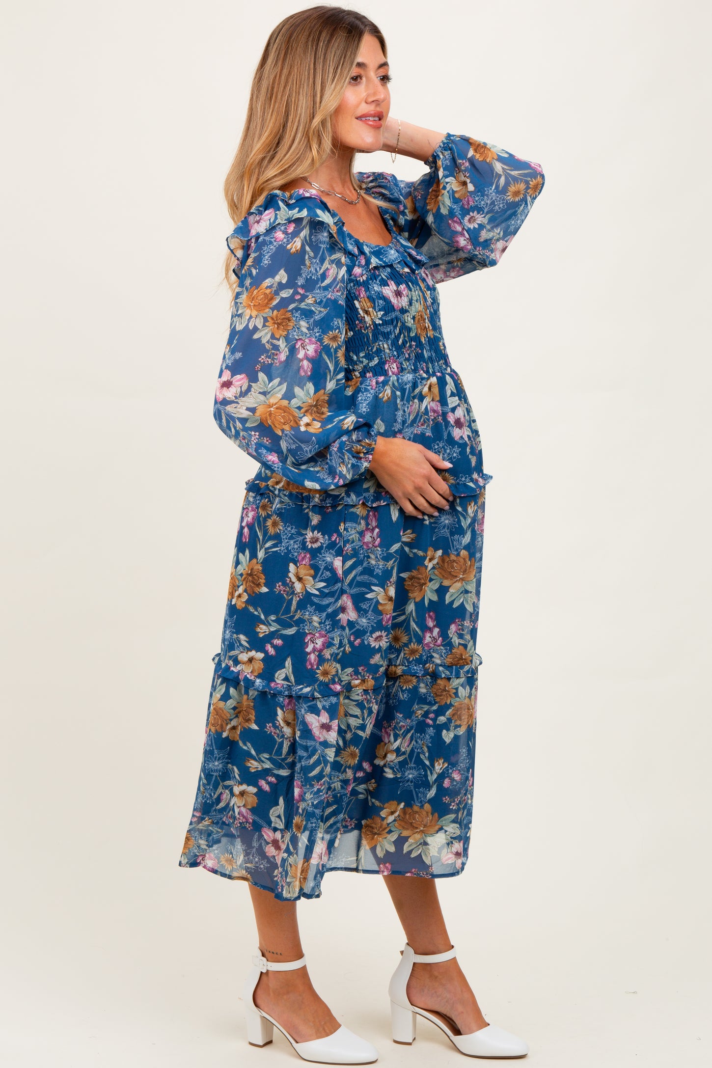 Navy Floral Chiffon Smocked Ruffle Tiered Maternity Midi Dress