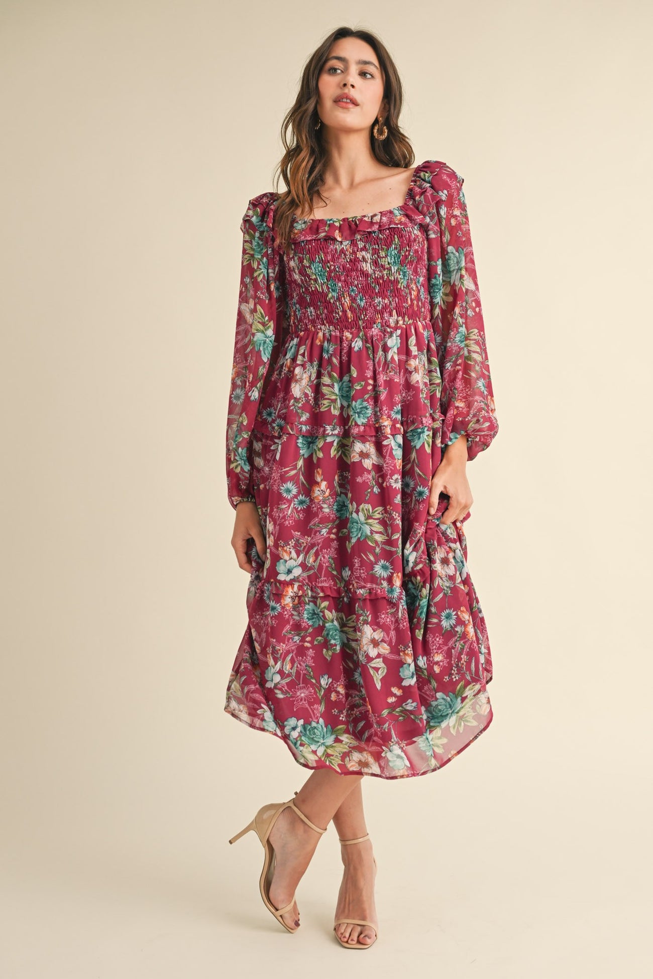 Burgundy Floral Chiffon Smocked Ruffle Tiered Maternity Midi Dress
