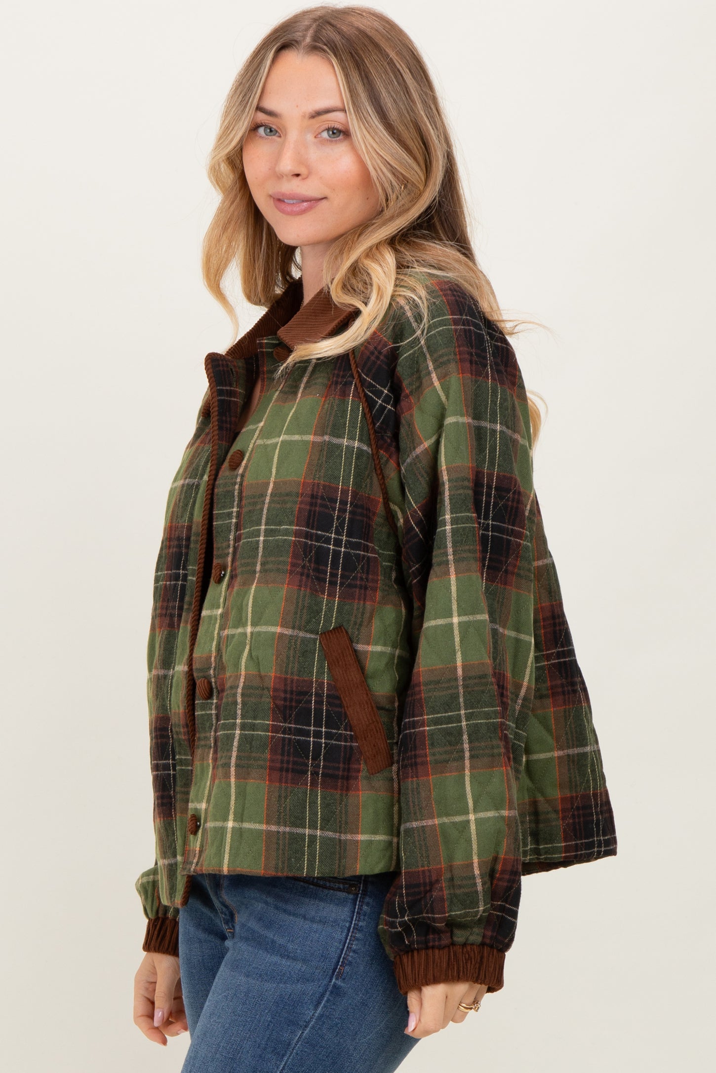 Olive Plaid Quilted Corduroy Contrast Jacket