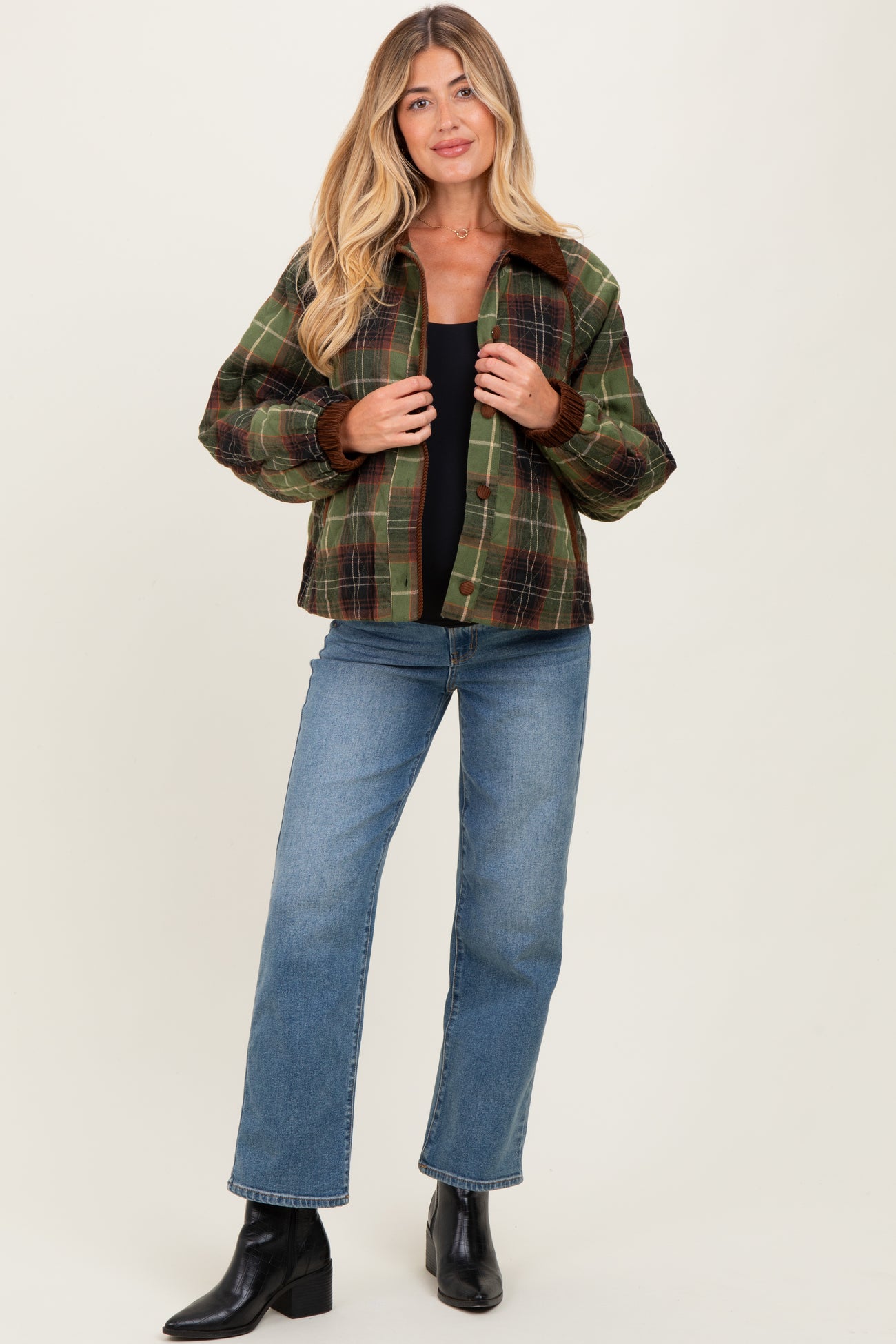Olive Plaid Quilted Corduroy Contrast Maternity Jacket