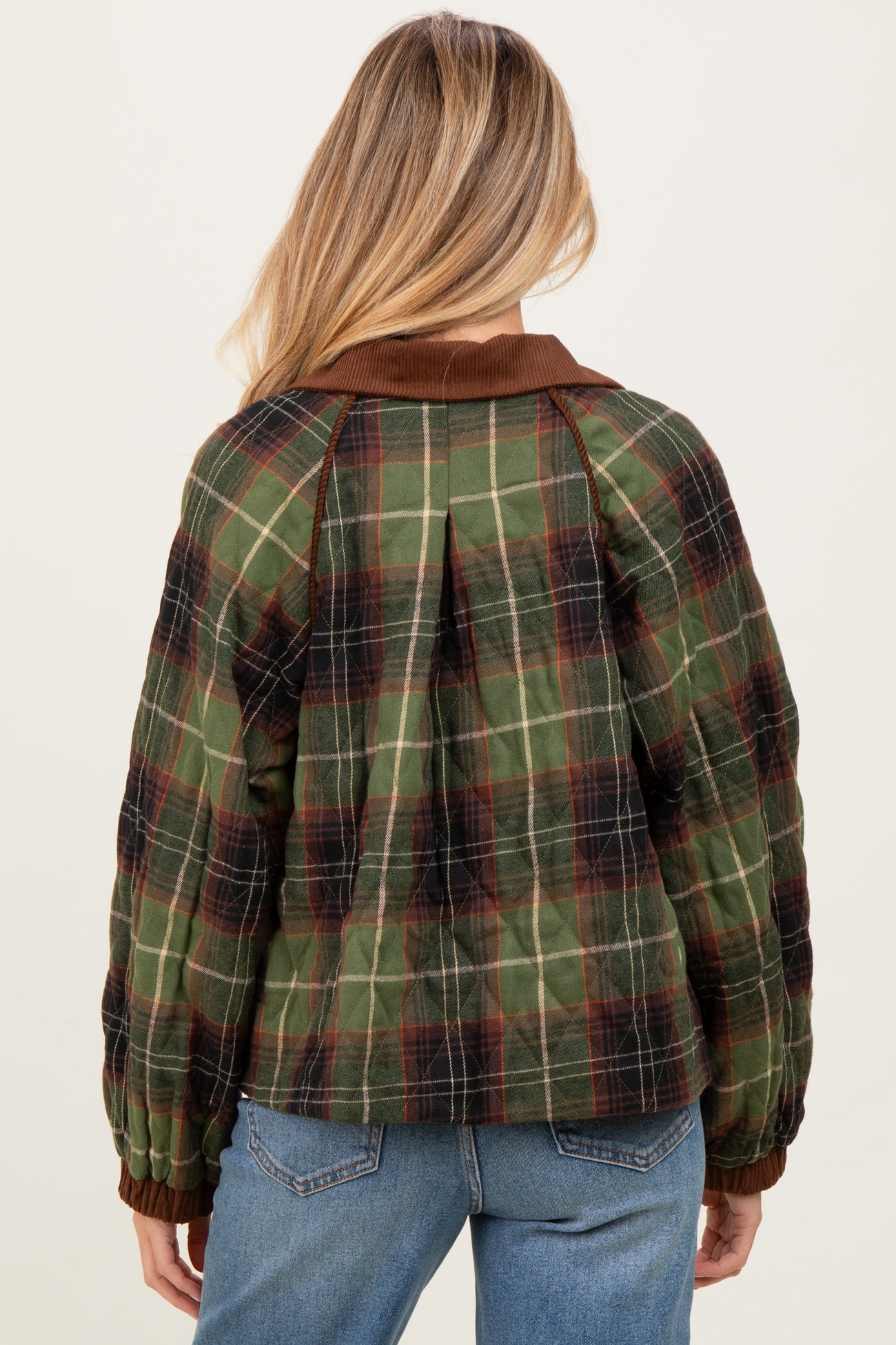 Olive Plaid Quilted Corduroy Contrast Maternity Jacket
