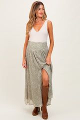 Light Olive Floral Chiffon Button Detail Maternity Maxi Skirt
