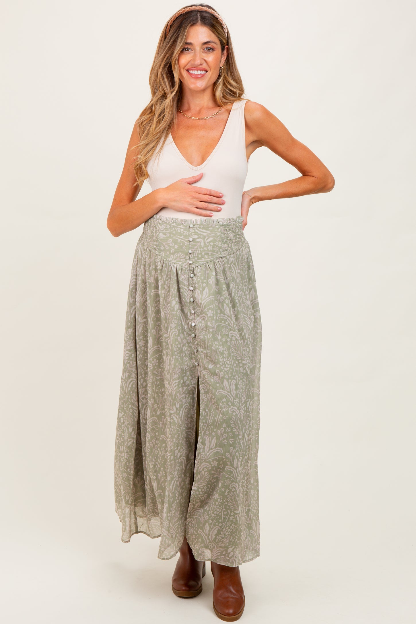 Light Olive Floral Chiffon Button Detail Maternity Maxi Skirt