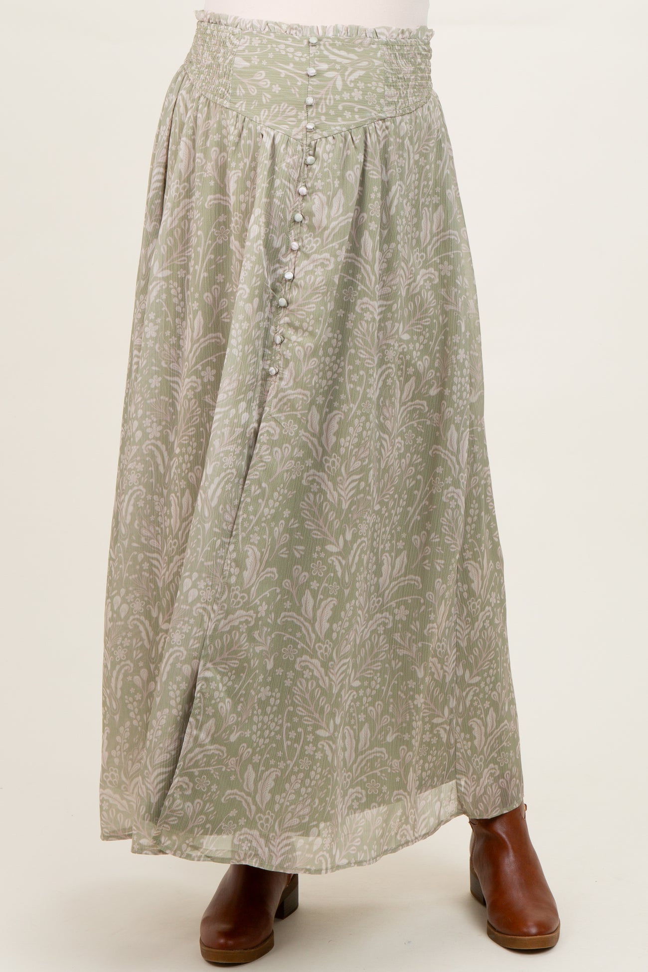 Light Olive Floral Chiffon Button Detail Maternity Maxi Skirt