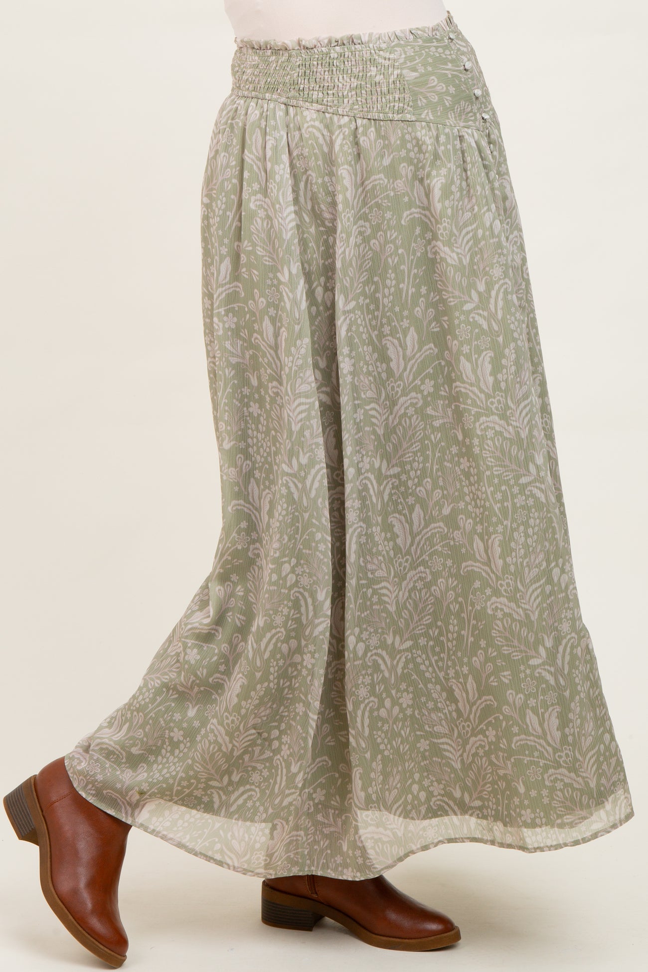Light Olive Floral Chiffon Button Detail Maternity Maxi Skirt