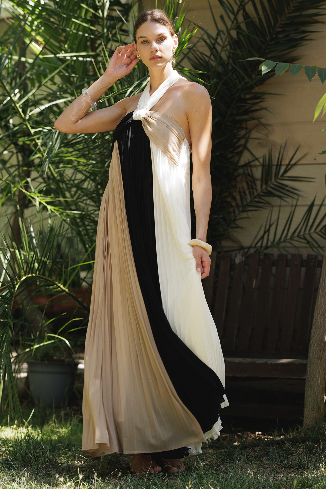 Taupe Colorblock Pleated Halter Neck Maxi Dress