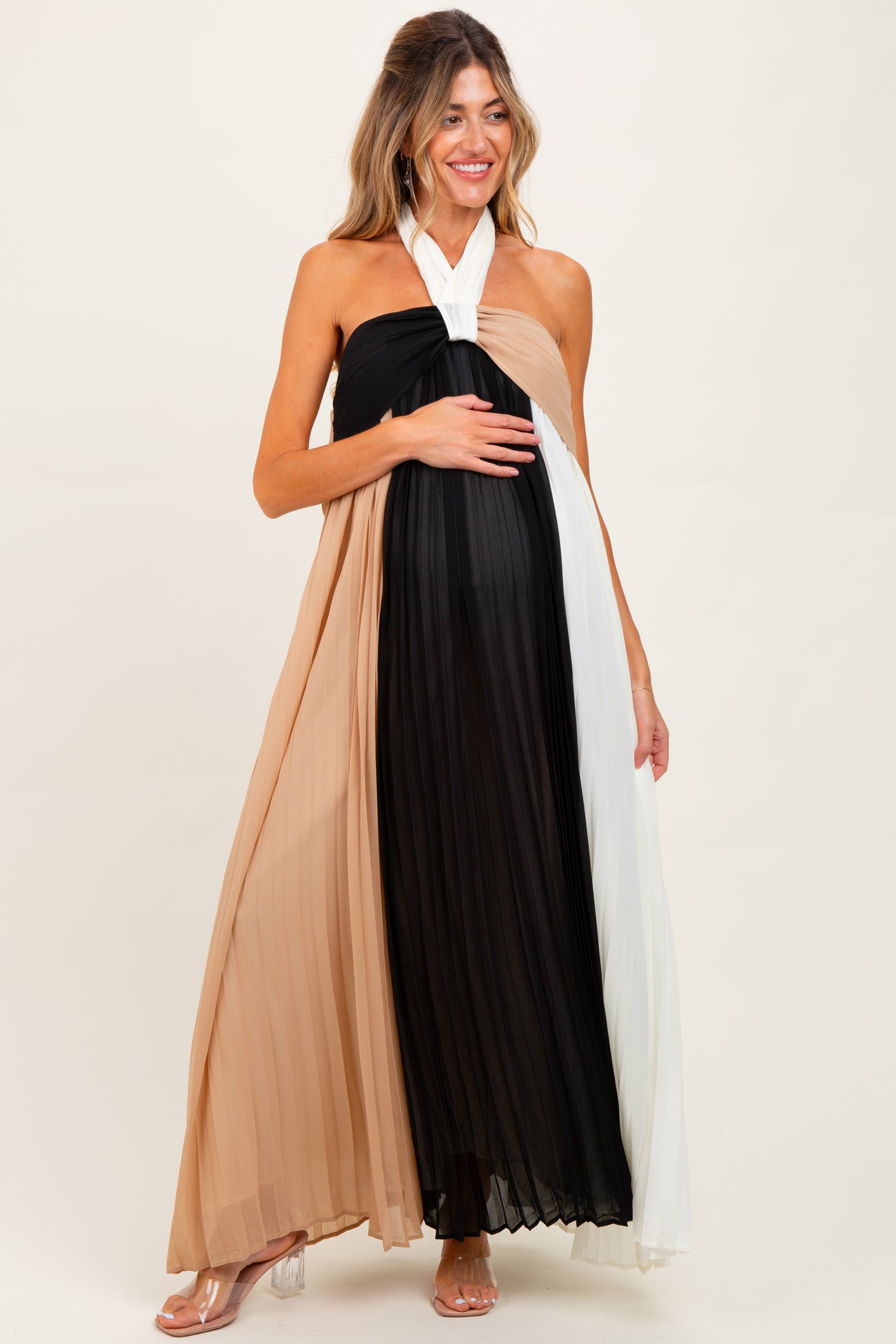 Taupe Colorblock Pleated Halter Neck Maternity Maxi Dress
