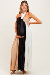 Taupe Colorblock Pleated Halter Neck Maternity Maxi Dress