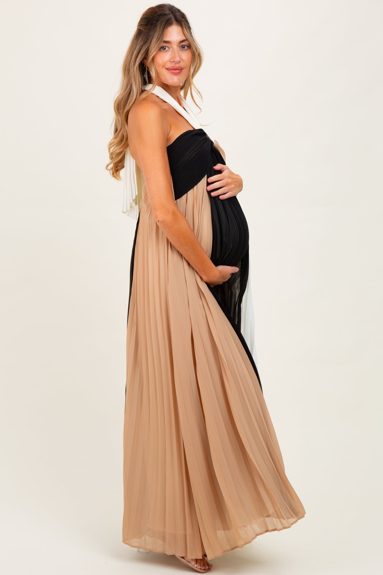 Taupe Colorblock Pleated Halter Neck Maternity Maxi Dress