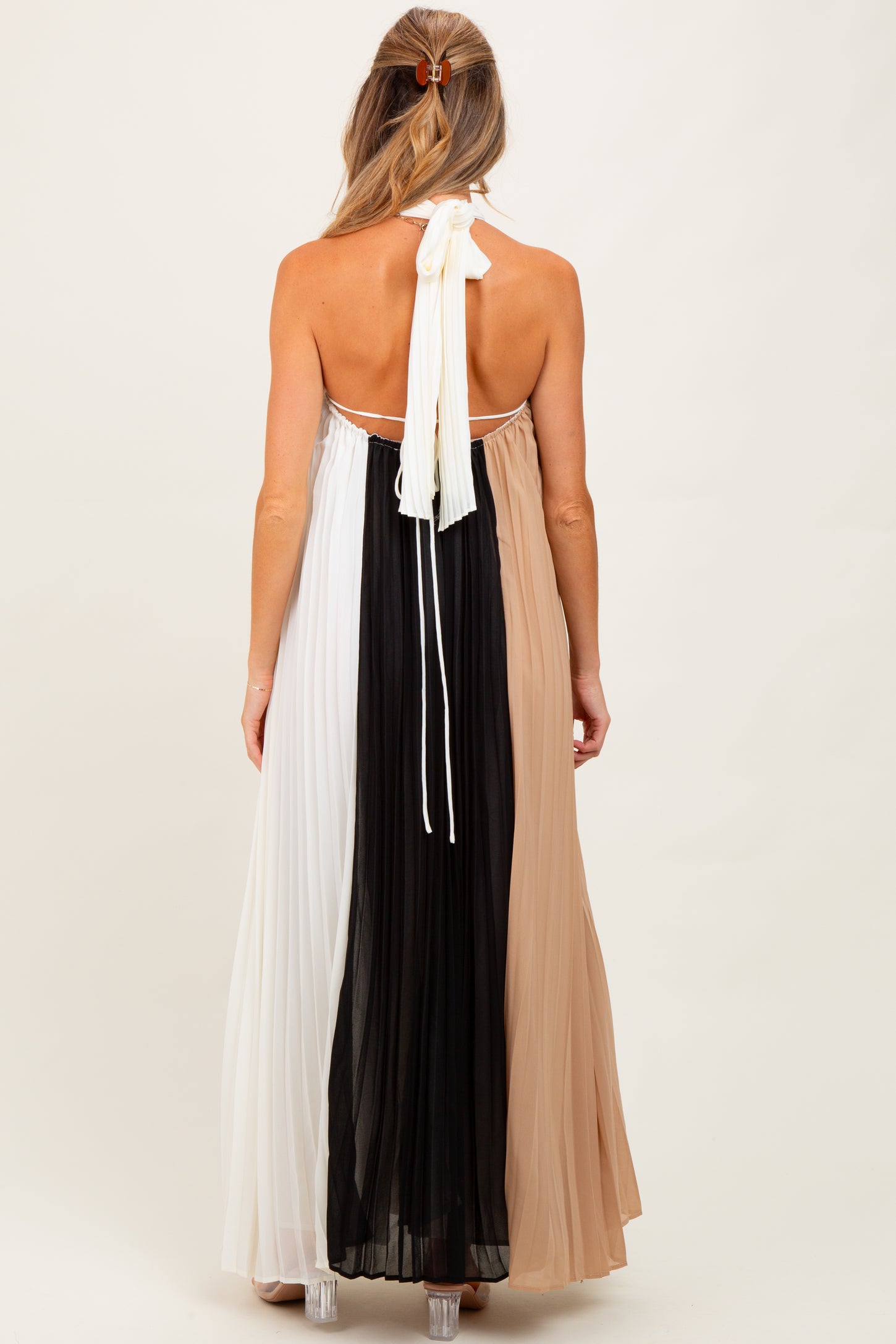 Taupe Colorblock Pleated Halter Neck Maternity Maxi Dress