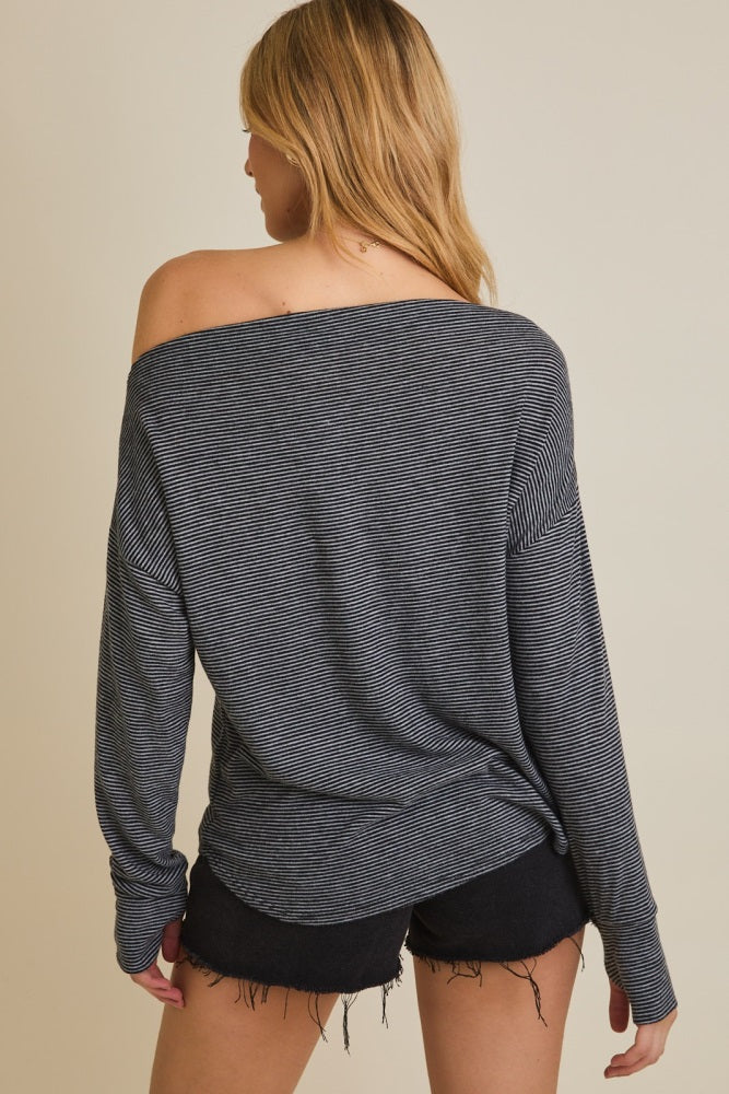 Black Striped Boat Neck Long Sleeve Top