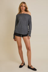 Black Striped Boat Neck Long Sleeve Top