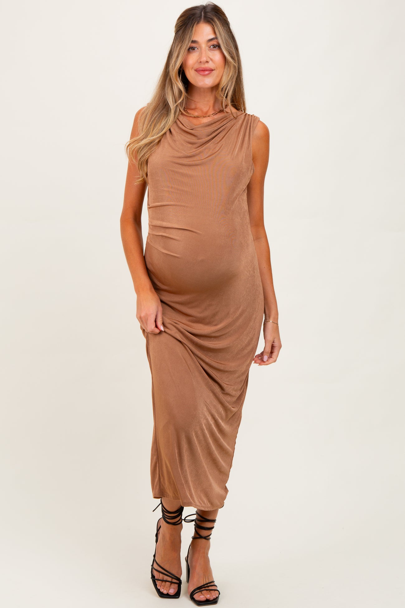 Mocha Draped Neck Sleeveless Maternity Midi Dress