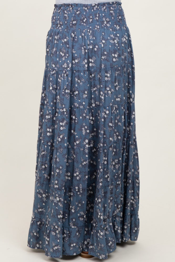 Blue Floral Smocked Waist Tiered Maxi Skirt