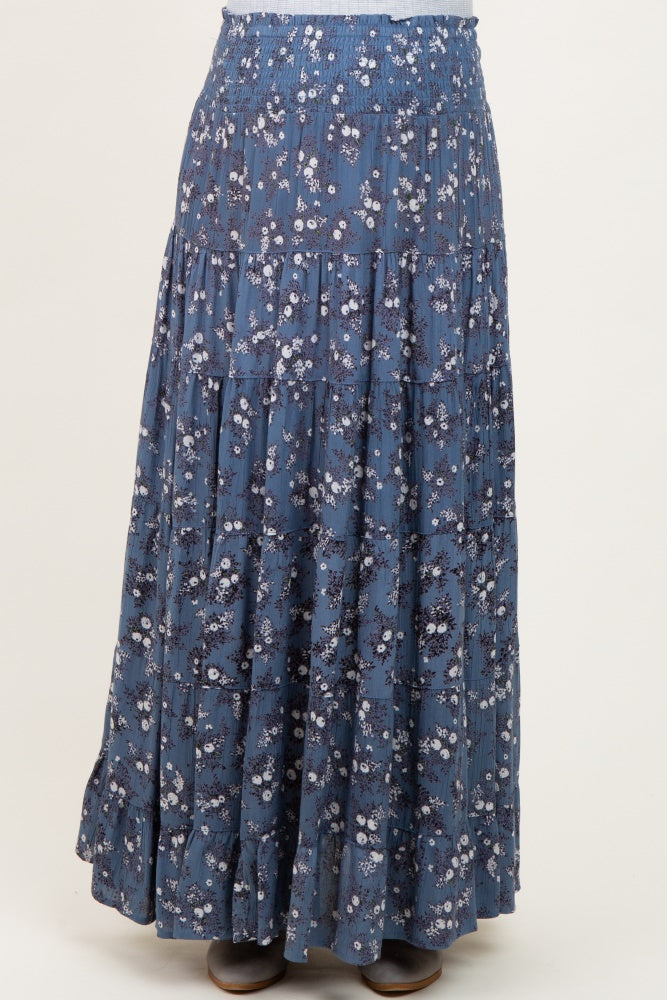 Blue Floral Smocked Waist Tiered Maternity Maxi Skirt
