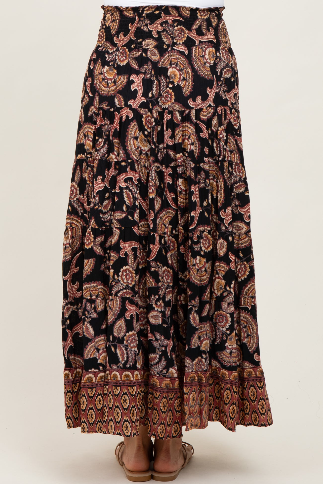 Black Paisley Smocked Waist Tiered Maxi Skirt