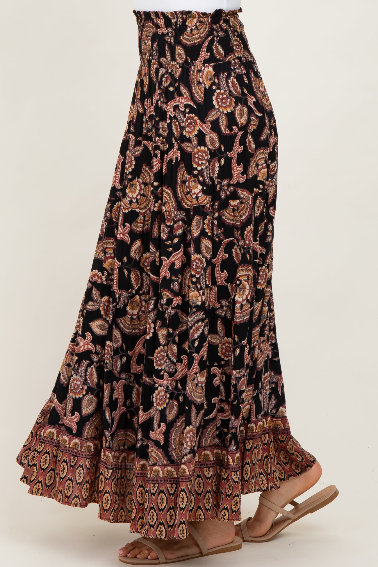 Black Paisley Smocked Waist Tiered Maxi Skirt