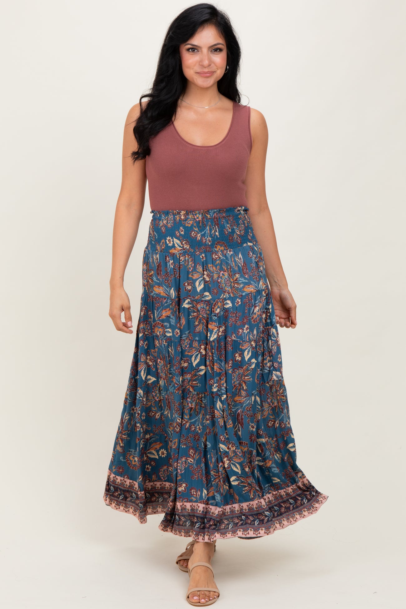 Dark Teal Smocked Waist Tiered Maternity Maxi Skirt