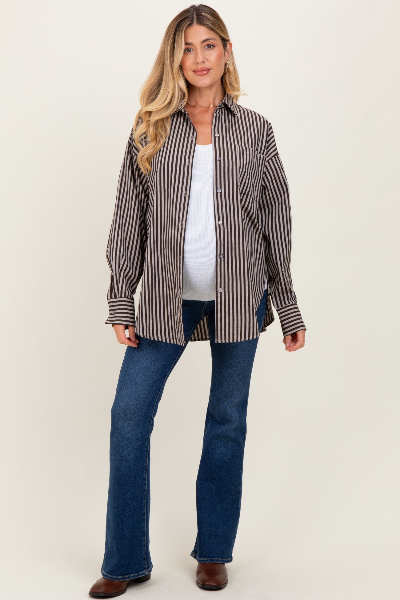 Brown Striped Linen Blend Maternity Button Down Shirt