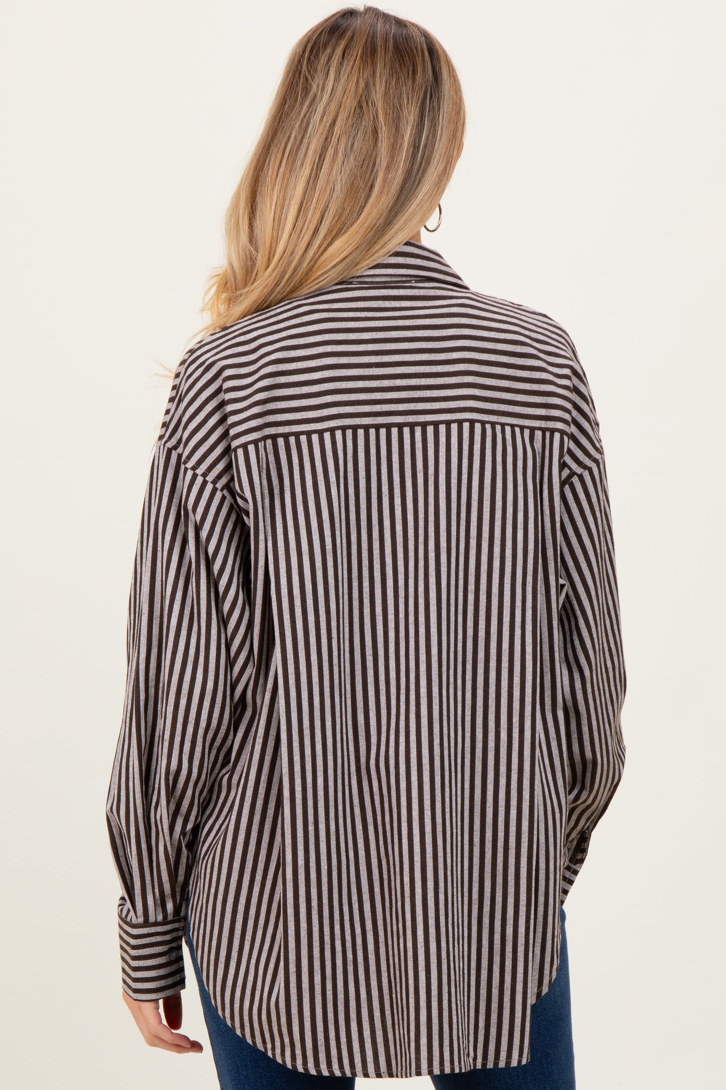 Brown Striped Linen Blend Maternity Button Down Shirt