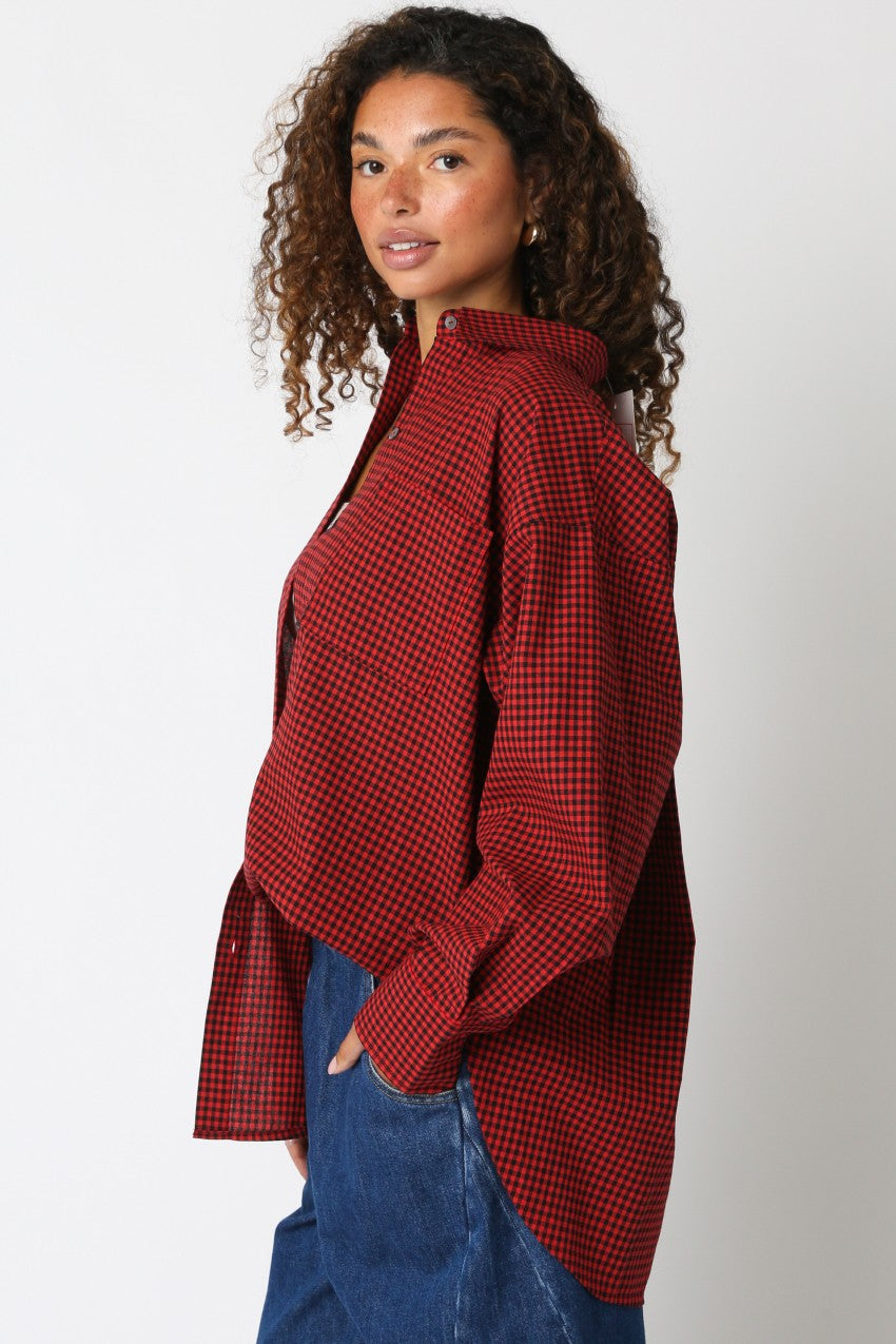 Red Plaid Linen Blend Button Down Shirt