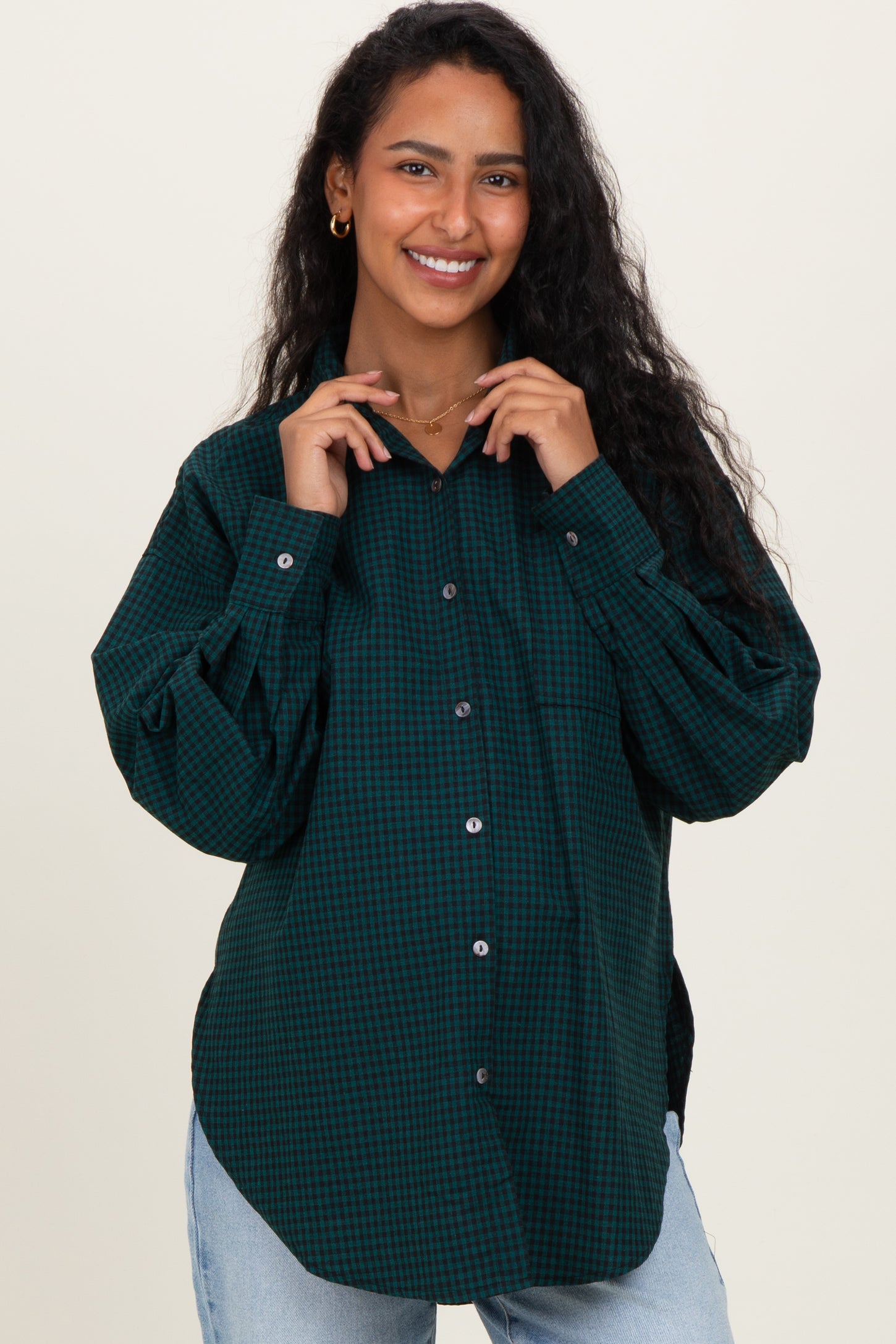 Forest Green Plaid Linen Blend Maternity Button Down Shirt