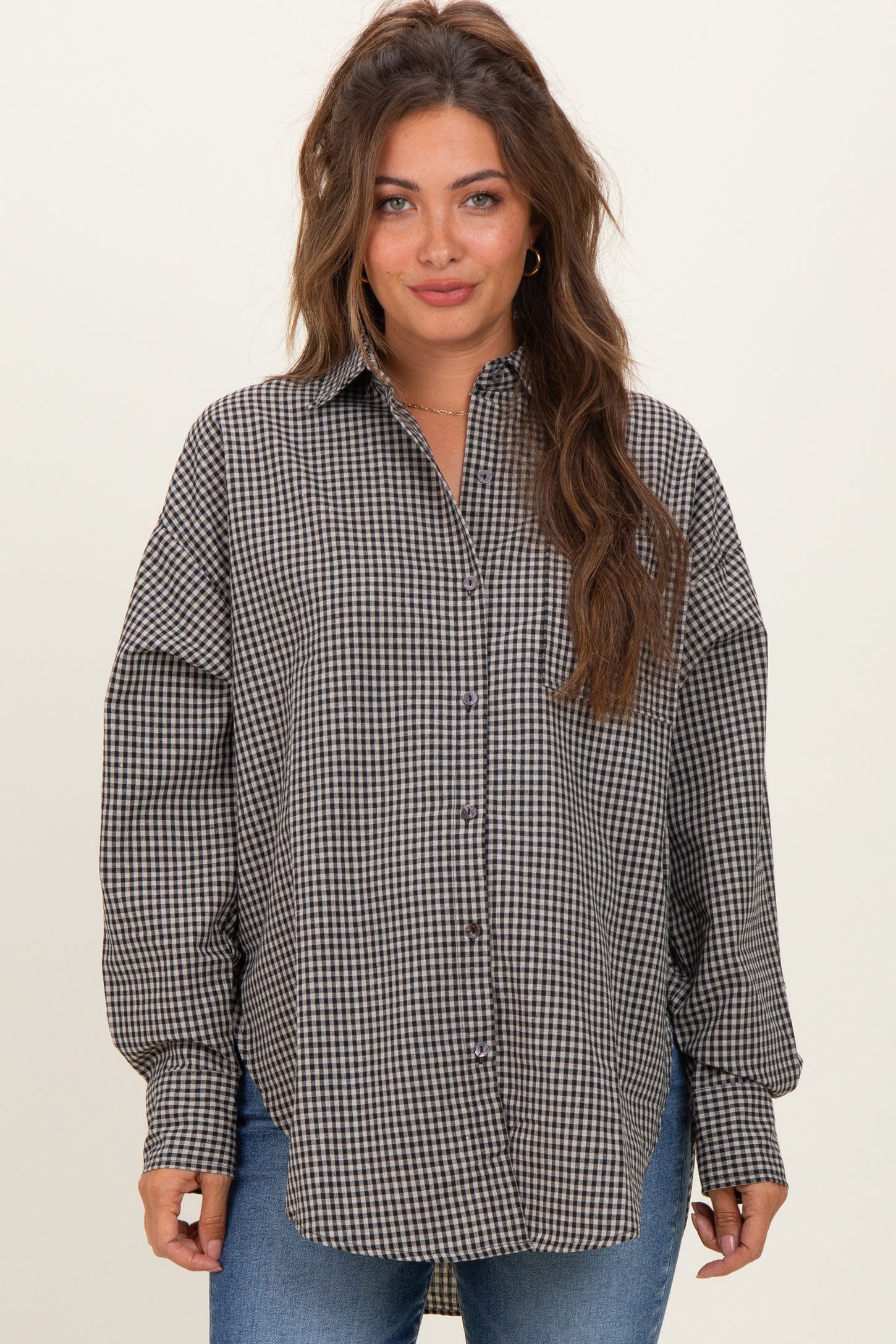 Ivory Plaid Linen Blend Maternity Button Down Shirt