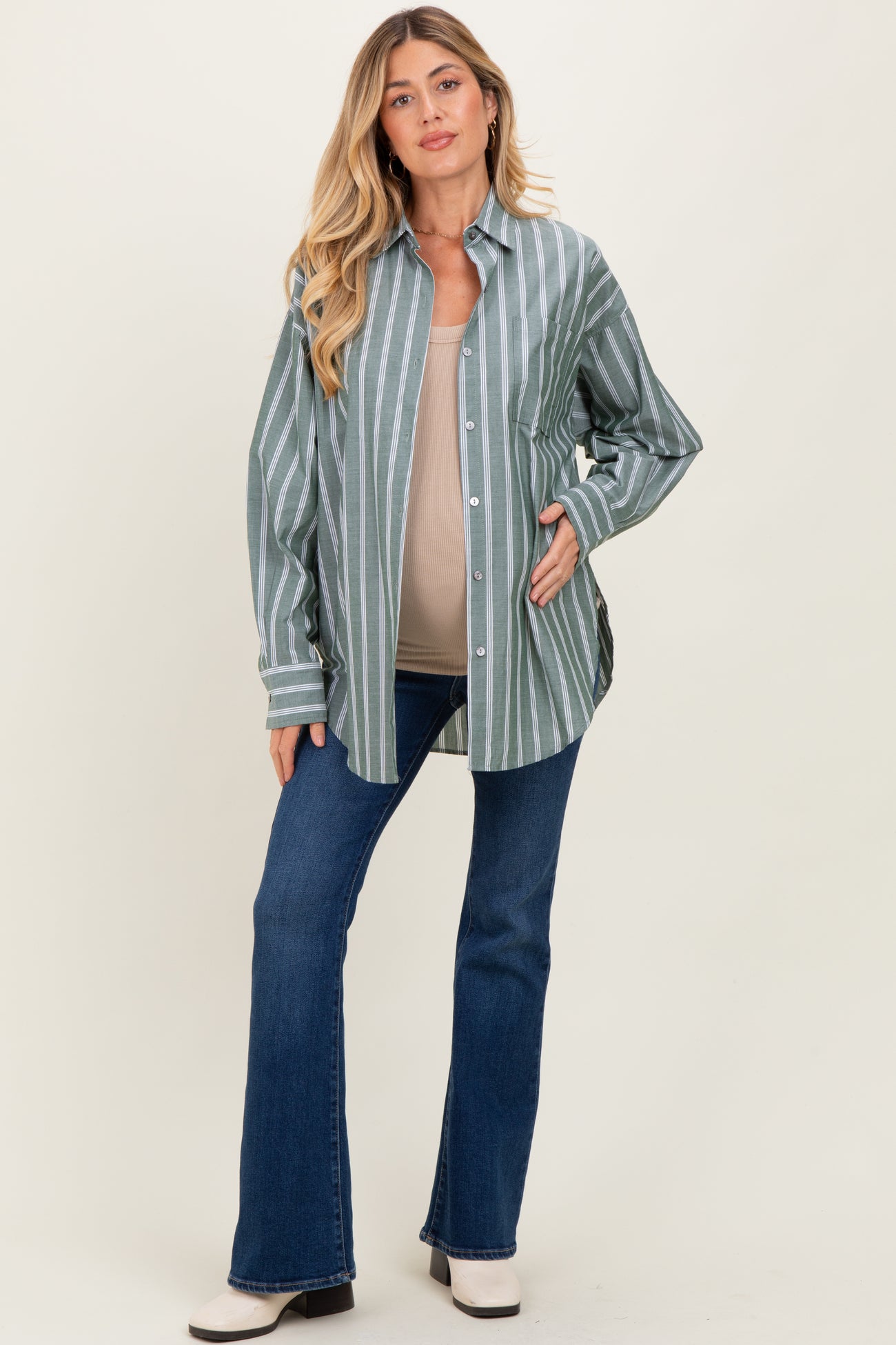 Light Olive Striped Button Down Maternity Shirt