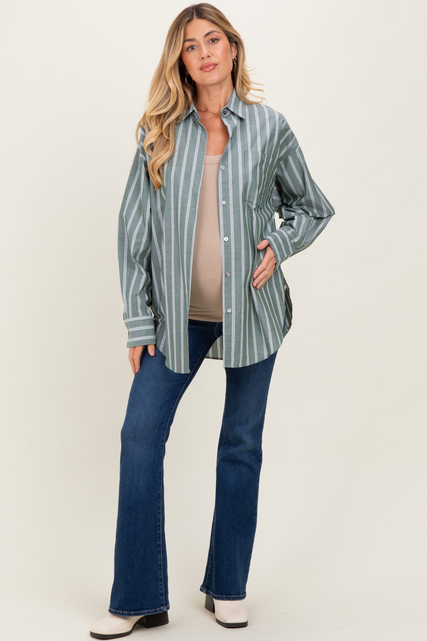 Light Olive Striped Button Down Maternity Shirt