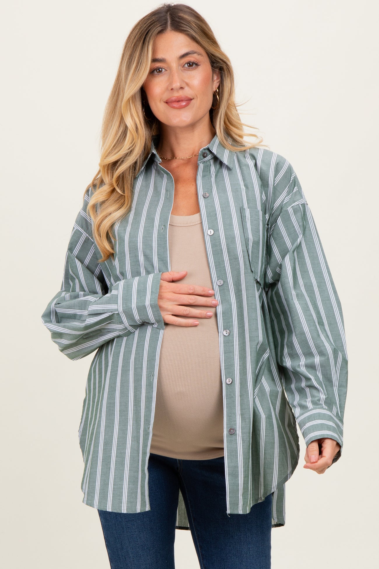Light Olive Striped Button Down Maternity Shirt