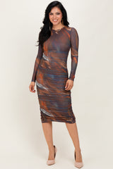 Multicolor Printed Mesh Ruched Long Sleeve Maternity Midi Dress