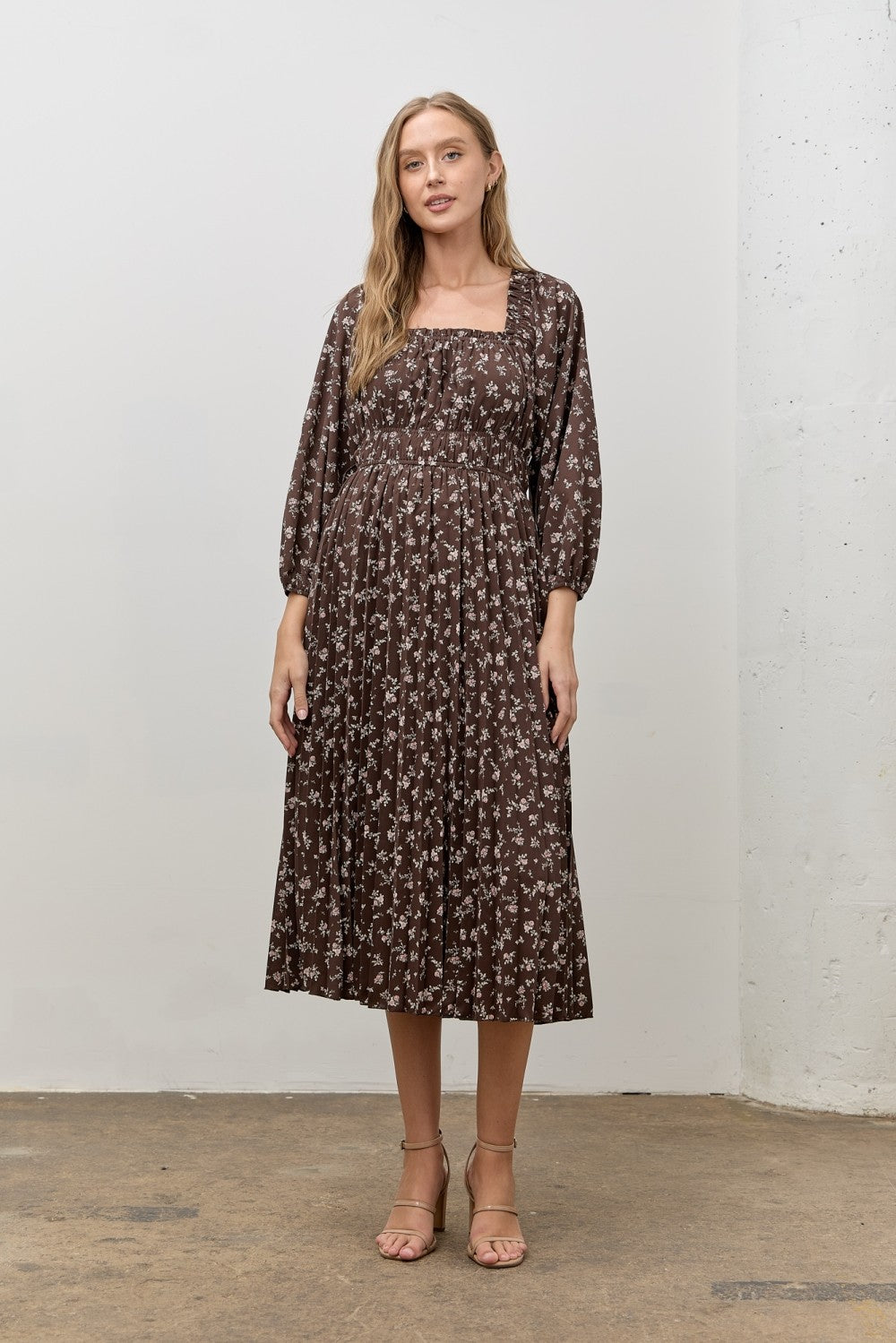 Brown Floral Long Sleeve Maternity Midi Dress