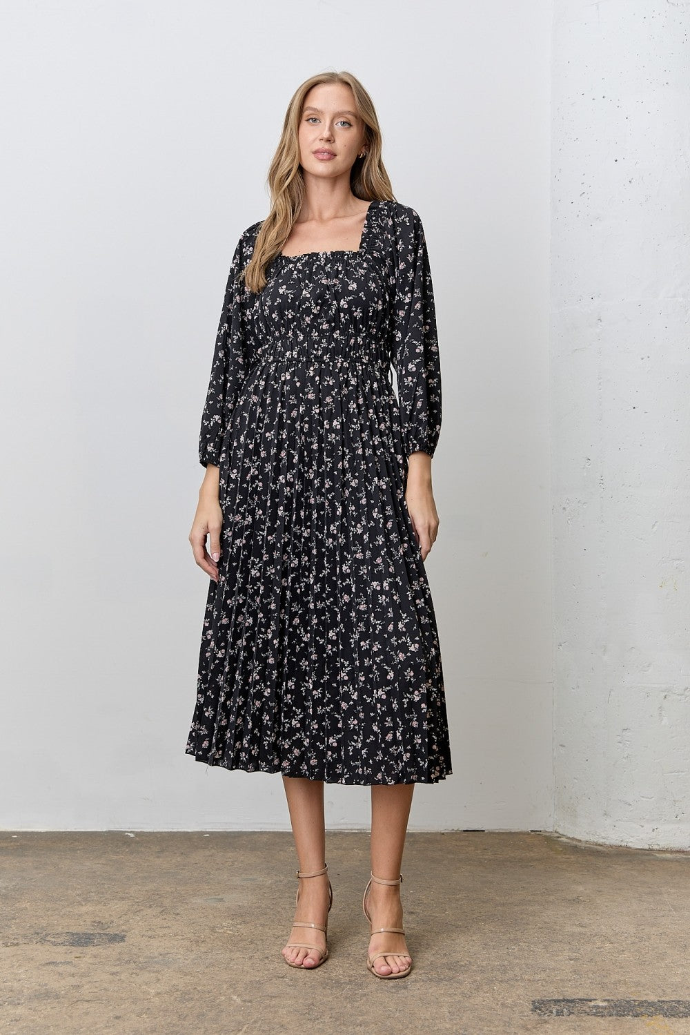 Black Floral Long Sleeve Midi Dress