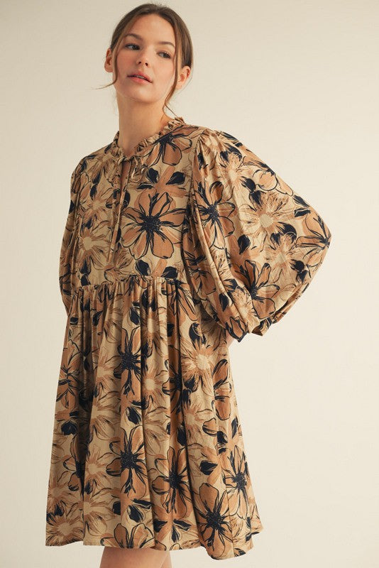 Camel Floral Front Tie Bubble Sleeve Mini Dress