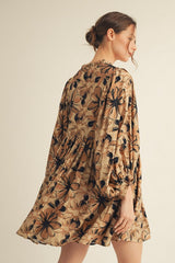 Camel Floral Front Tie Bubble Sleeve Mini Dress