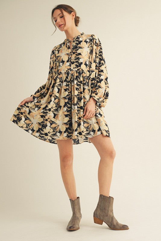 Black Floral Front Tie Bubble Sleeve Mini Dress